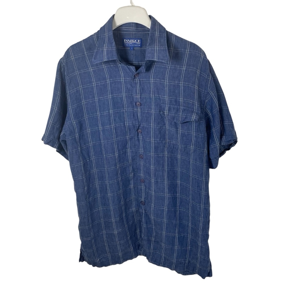 INSIGHT Blue Plaid Lined Linen Shirt, L